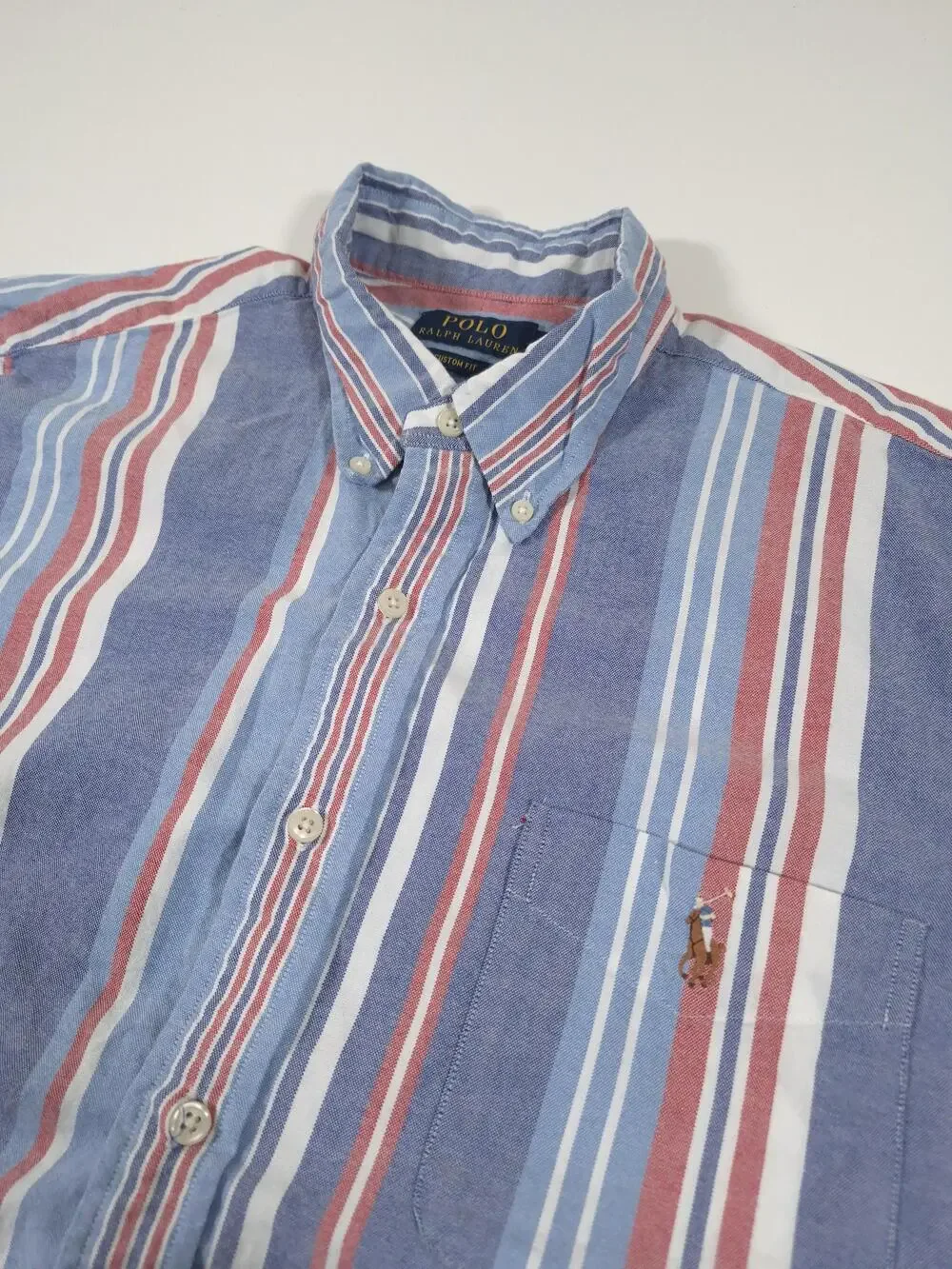 Polo Ralph Lauren Shirt Mens L Blue Stripe Custom Fit S/S Button Down Flesh Pony